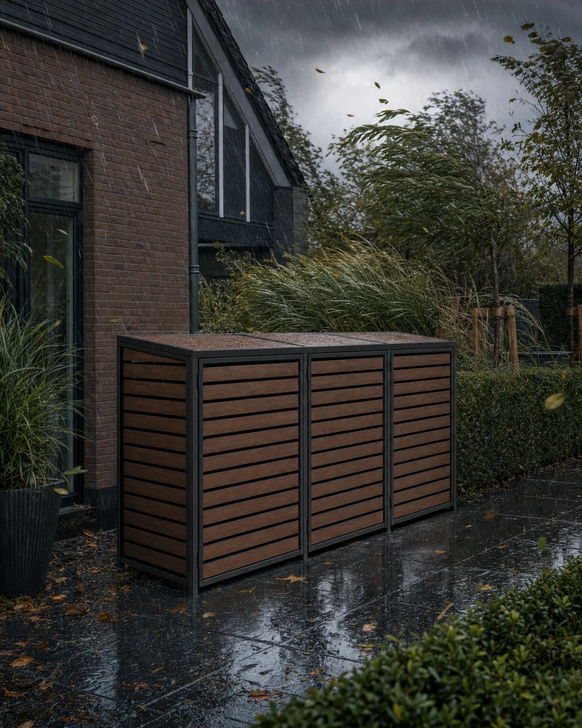 HAVN Linea staat stevig in een voortuin tijdens storm en regen