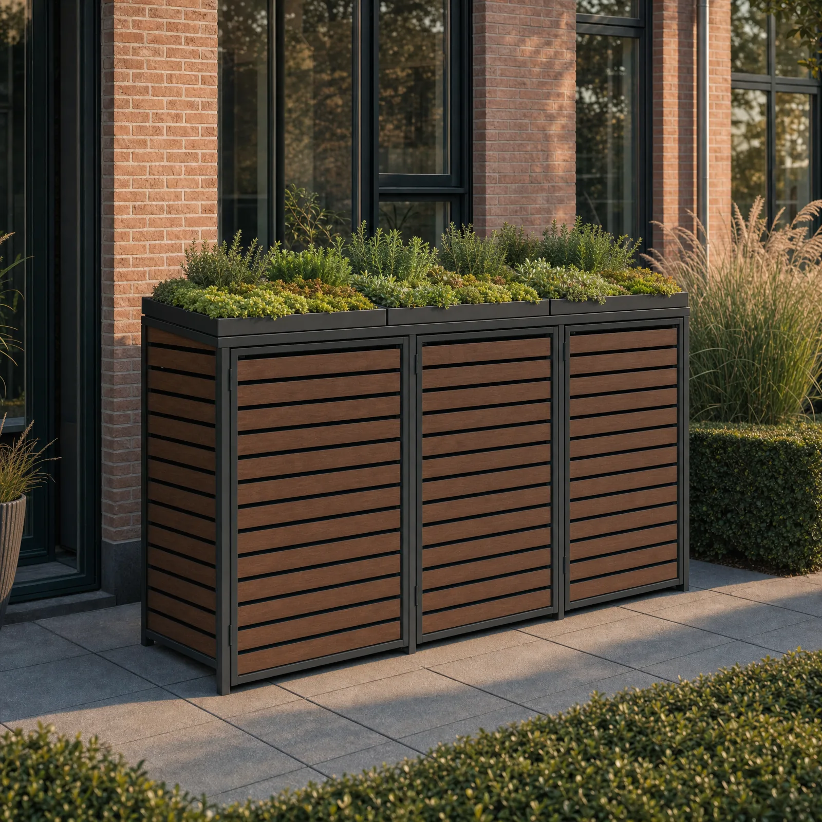 HAVN Linea met groendak plantenbakken met sedum en kruiden op de deksels