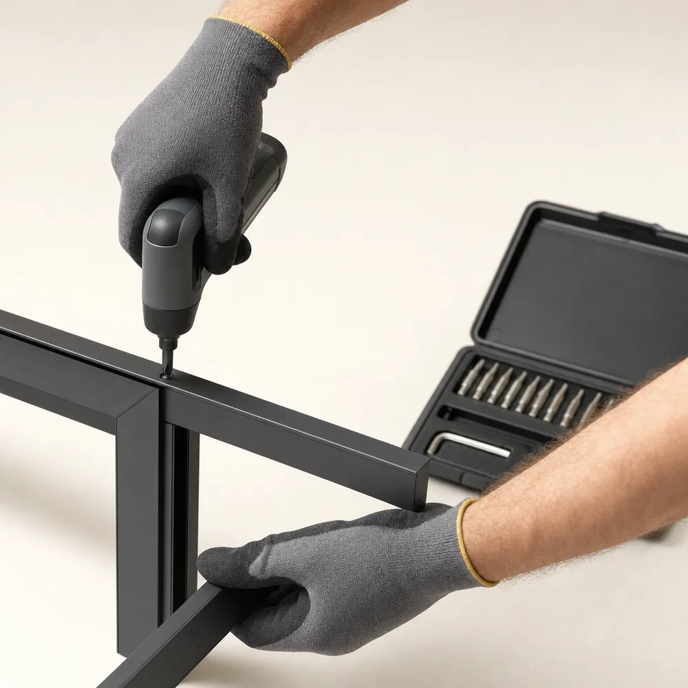 Monteur met handschoenen bouwt een aluminium frame op met een accuschroevendraaier